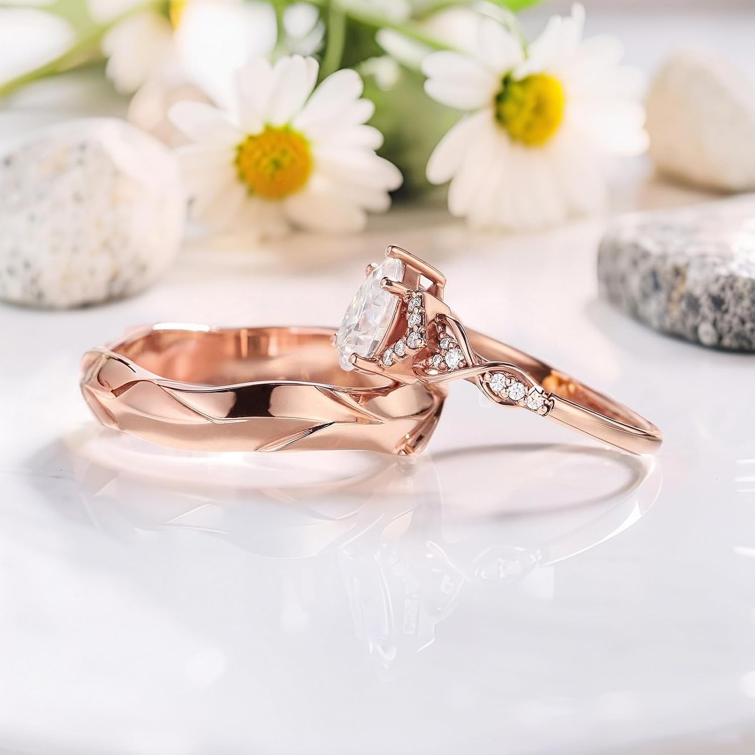 SISGEM Moissanite Couple Rings Set, 10K 14K 18K Solid Gold Moissanite Wedding Rings for Him And Her, Vintage Leaf/Branch Wedding Bands Matching Couple Rings Anniversary Jewelry Gift for Women And Men