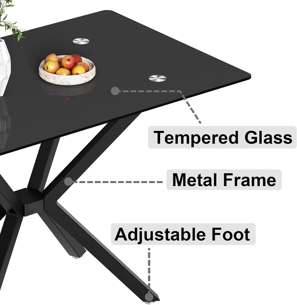 47.2' Black Glass Dining Table, Modern Kitchen Table for 4 People, Contemporary Rectangular Dining Room Dinner Tables with Black Glass Top & Black Metal X Legs for Kitchen Apartment