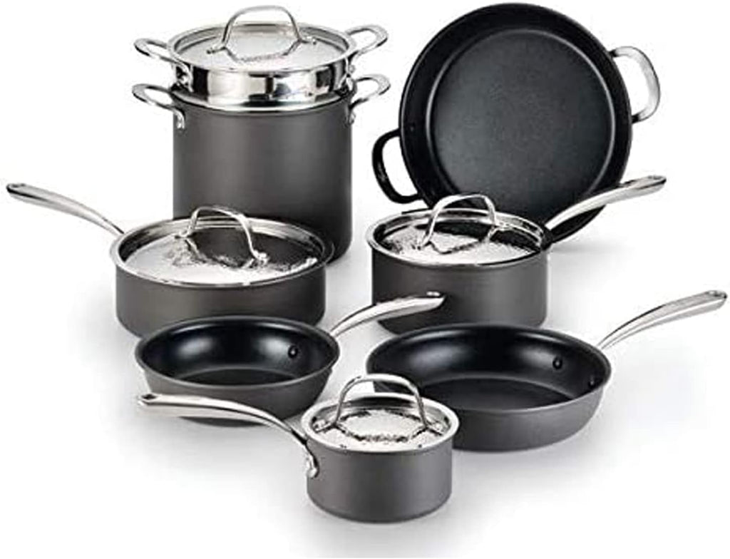 Lagostina Nera Hard Anodized Nonstick 12-Piece Cookware Set with Hammered Stainless Steel Lids, Dishwasher Safe,Grey