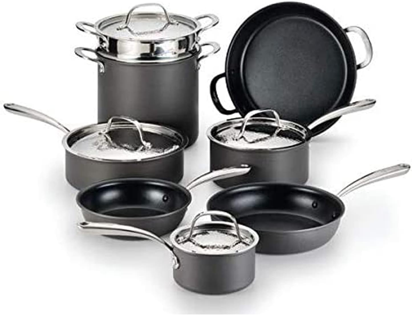 Lagostina Nera Hard Anodized Nonstick 12-Piece Cookware Set with Hammered Stainless Steel Lids, Dishwasher Safe,Grey