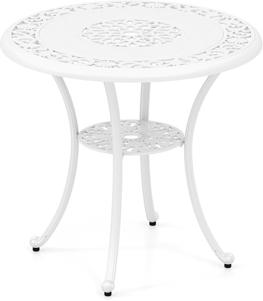 Tangkula 31.5' Cast Aluminum Patio Dining Table, Round Outdoor Bistro Table with 2' Umbrella Hole, Outdoor Side Table for Backyard, Lawn, Deck and Garden, White