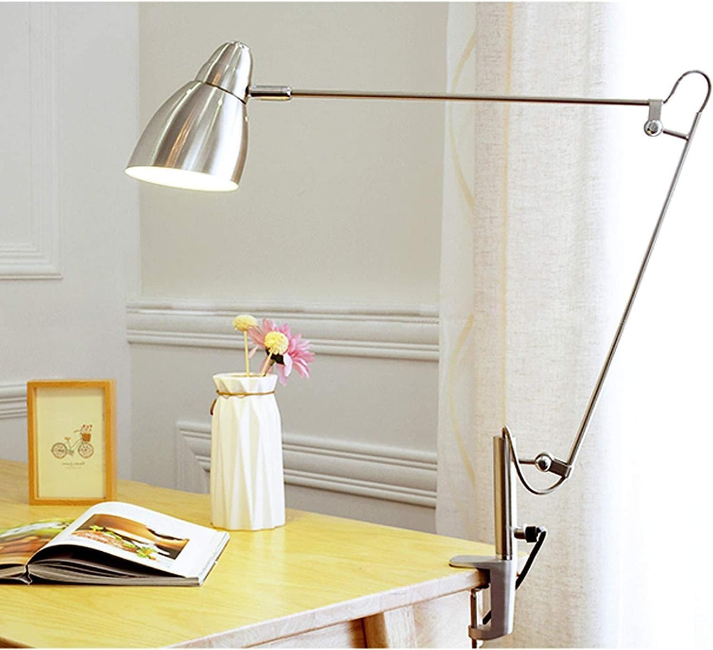 Desk Lamps Metal with Clip, Adjustable Reading Clamp Light with Long arm, Study Book Lamp for Work Office, with Cable and Switch, E27,Silver