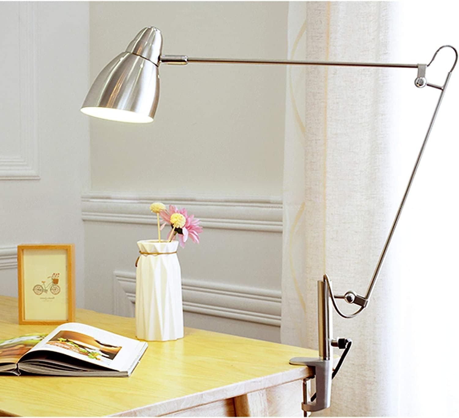 Desk Lamps Metal with Clip, Adjustable Reading Clamp Light with Long arm, Study Book Lamp for Work Office, with Cable and Switch, E27,Silver