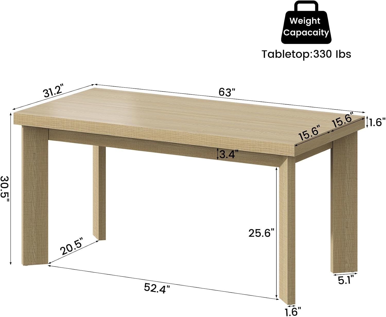 Bigbiglife 63 Inch Dining Table for 6, Indoor Outdoor Dining Table with Wood Legs, Kitchen Table with Large Tabletop, Rectangular Dinner Table for Dining Room, Living Room, Kitchen, Natural