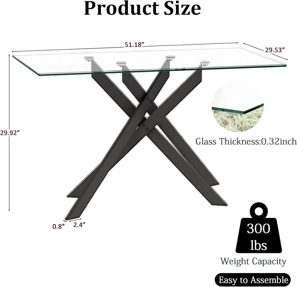 51.2' Glass Dining Table, Modern Kitchen Table for 4-6 People, Contemporary Rectangular Dining Room Dinner Tables with Clear Glass Top & Black Metal X Legs for Kitchen Apartment