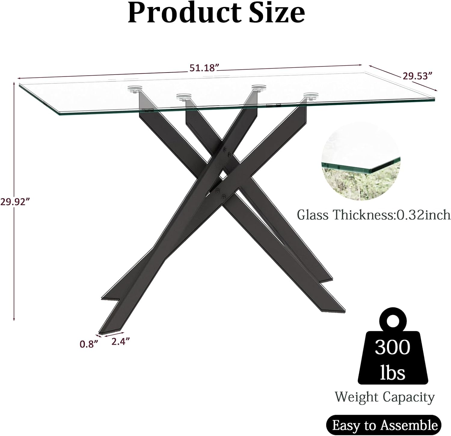 51.2' Glass Dining Table, Modern Kitchen Table for 4-6 People, Contemporary Rectangular Dining Room Dinner Tables with Clear Glass Top & Black Metal X Legs for Kitchen Apartment