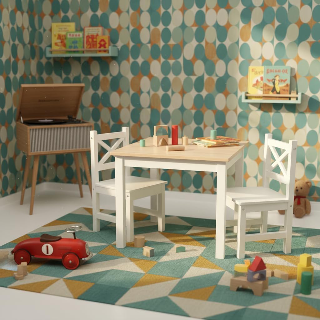 PETIT BATEAU Solid Wood Kids Table and 2 Chairs Set,Montessori Modern AMMEHOELA Irish Designer for 2-8 Years Toddler,SereneWhite Gift