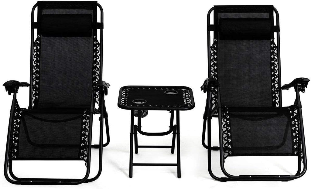 Folding Zero Gravity Recliner Lounge Chairs Table Set Camping Beach Black 3 pcs