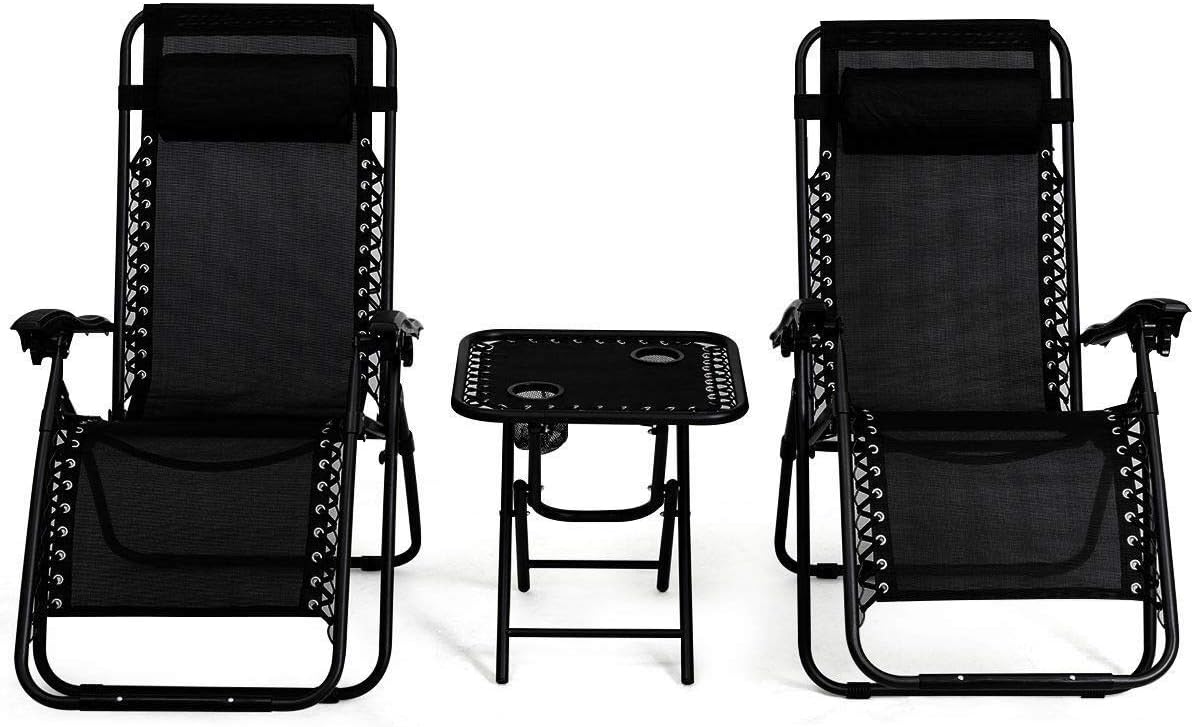 Folding Zero Gravity Recliner Lounge Chairs Table Set Camping Beach Black 3 pcs