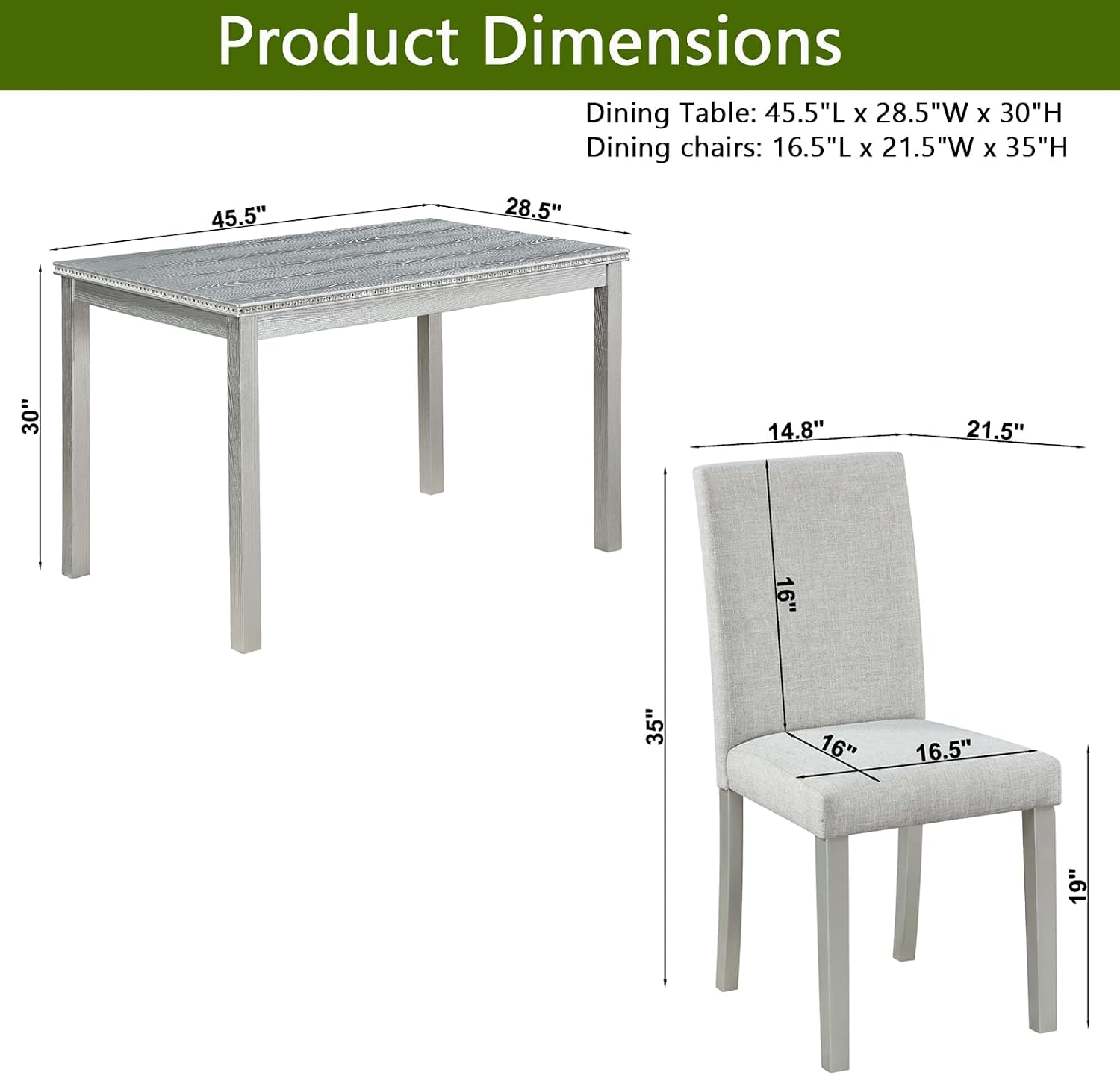 LUMISOL Dining Table Set for 4, 5-Piece Solid Wood Kitchen Table Set with 4 Upholstered Chairs for Kitchen, Dining Room, Home Bar, Grey