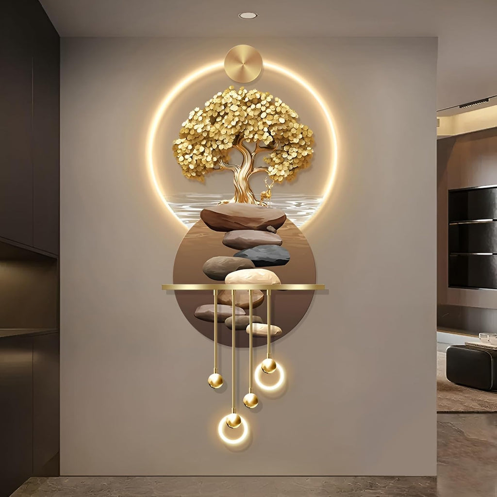3D Art Wall Decor with Light, Art 3D Decor Wall Sculptures LED Modern Home Decors Picture Walls Light Chinese, Plug-in Power Supply, Gold T, 23x53IN