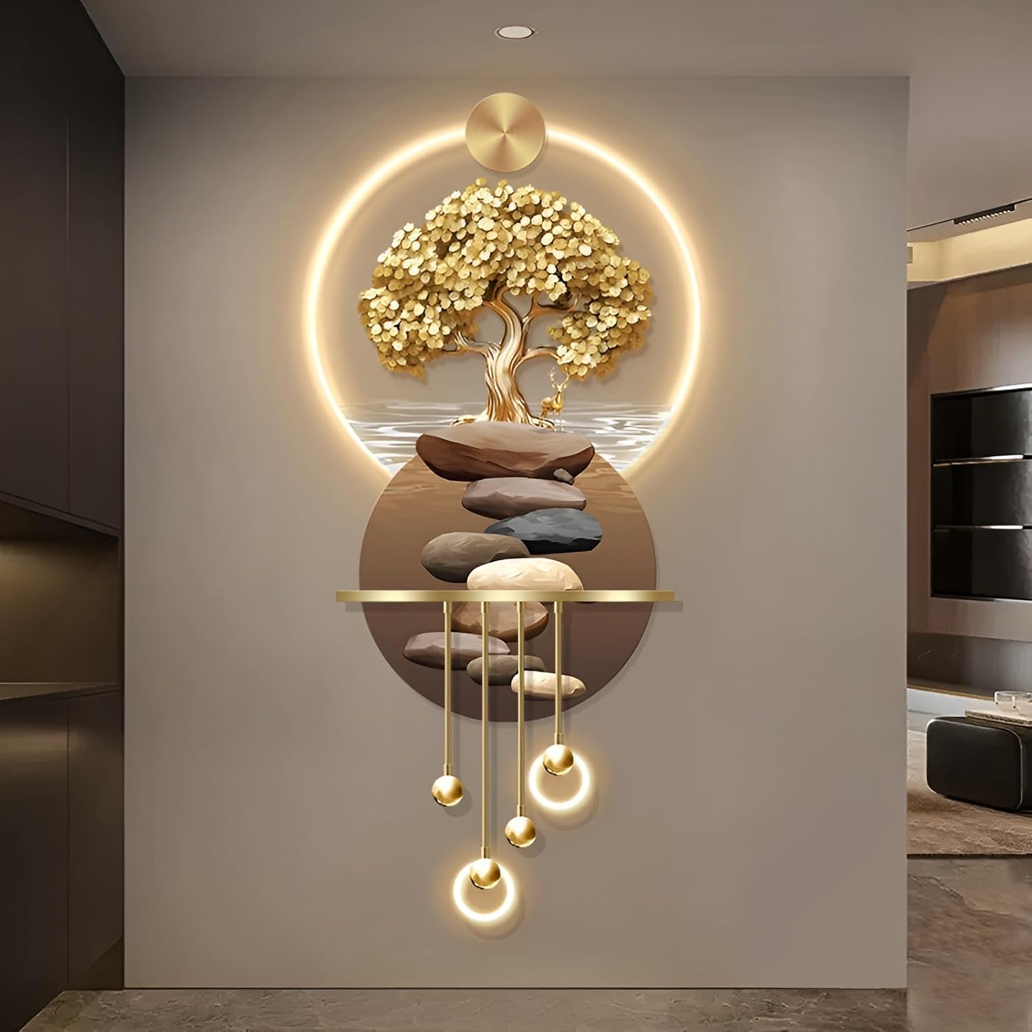 3D Art Wall Decor with Light, Art 3D Decor Wall Sculptures LED Modern Home Decors Picture Walls Light Chinese, Plug-in Power Supply, Gold T, 23x53IN