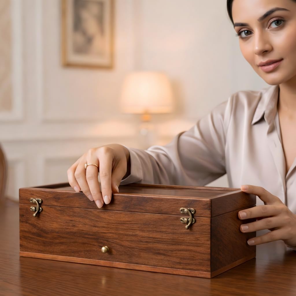 Royal Craft Expertise® 10-Slot Premium Wooden Watch Box for Men – Handcrafted Rosewood Organizer with Soft Velvet Lining | Elegant Display Case with Drawer | Ideal for Watch Storage & Gifting