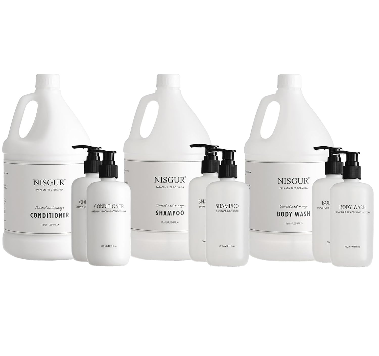 Gallon Shampoo Conditioner and Body Wash Refillable Set with 10.14 oz Matching Pump Bottles 9Pcs Large Capacity Hotel Supplies and Toiletries