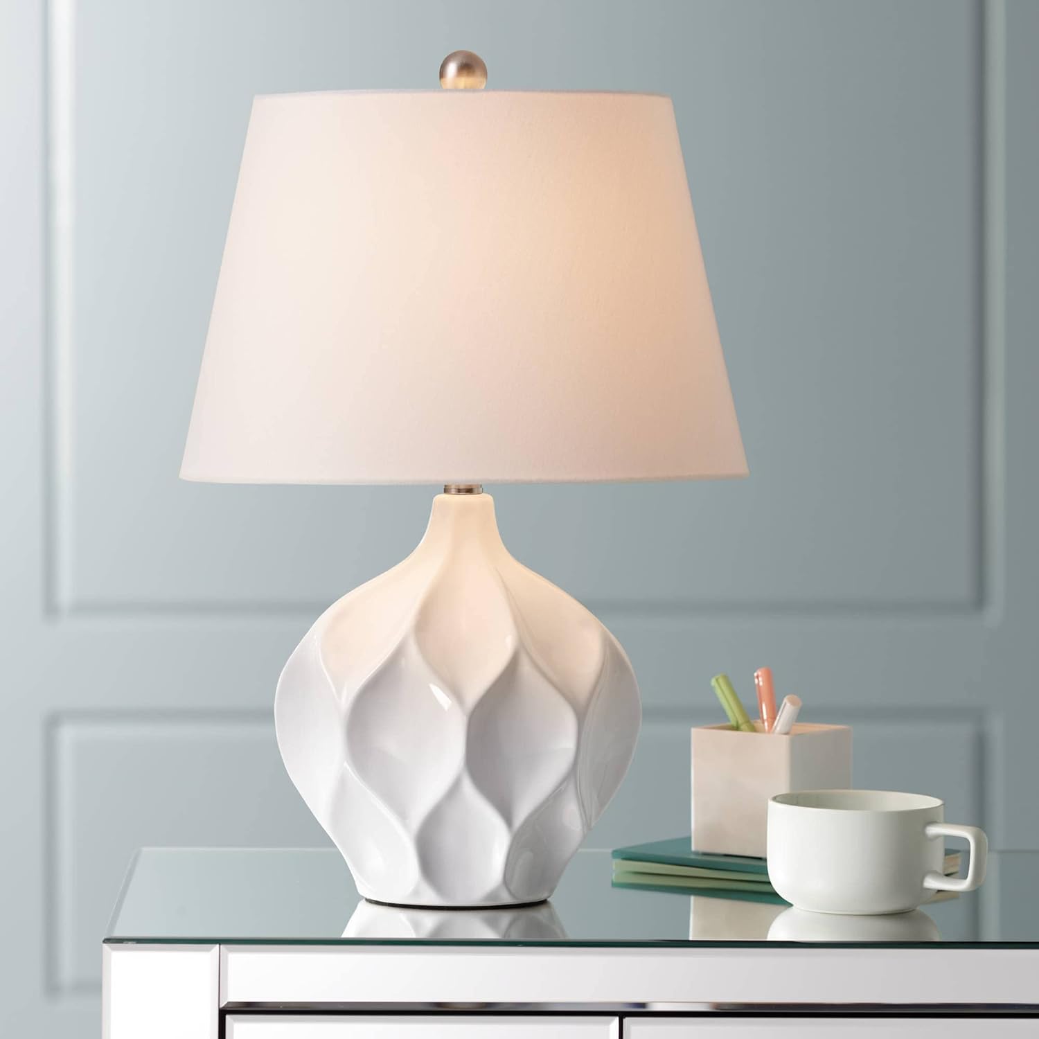 360 Lighting Dobbs 22 1/2' High Small Mid Century Modern Accent Table Lamps Set of 2 White Ceramic Living Room Bedroom Bedside Nightstand House Office Kitchen Entryway Console Fabric Shade