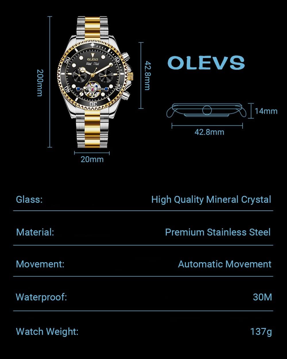 OLEVS Men's Stainless Steel Chronograph Watch, Big Face Gold Silver Black Tone Easy to Read Analog Quartz Watch, Luxury Waterproof Date Diamond Roman Arabic Numerals Dial Dress Watch for Men