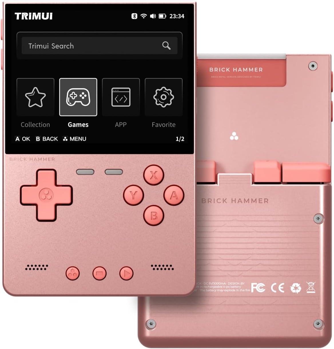 TRIMUI Brick Hammer Retro Handheld Game Console – Metal CNC Aluminum Alloy Body, 3.2' IPS Screen, 8GB Storage, Expandable to 1TB, Built-in 3000mAh Battery (PINK-128GB)