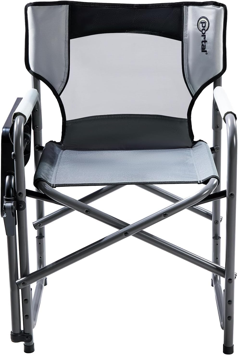 Portal Folding Director Chair with 2-Way Rotating Side Table, Heavy Duty 300 lb Camping Chair with Swivel Tray & Cup Holder, Ergonomic Mesh Back Portable Outdoor Seat for RV, Tailgating & Lawn, Grey
