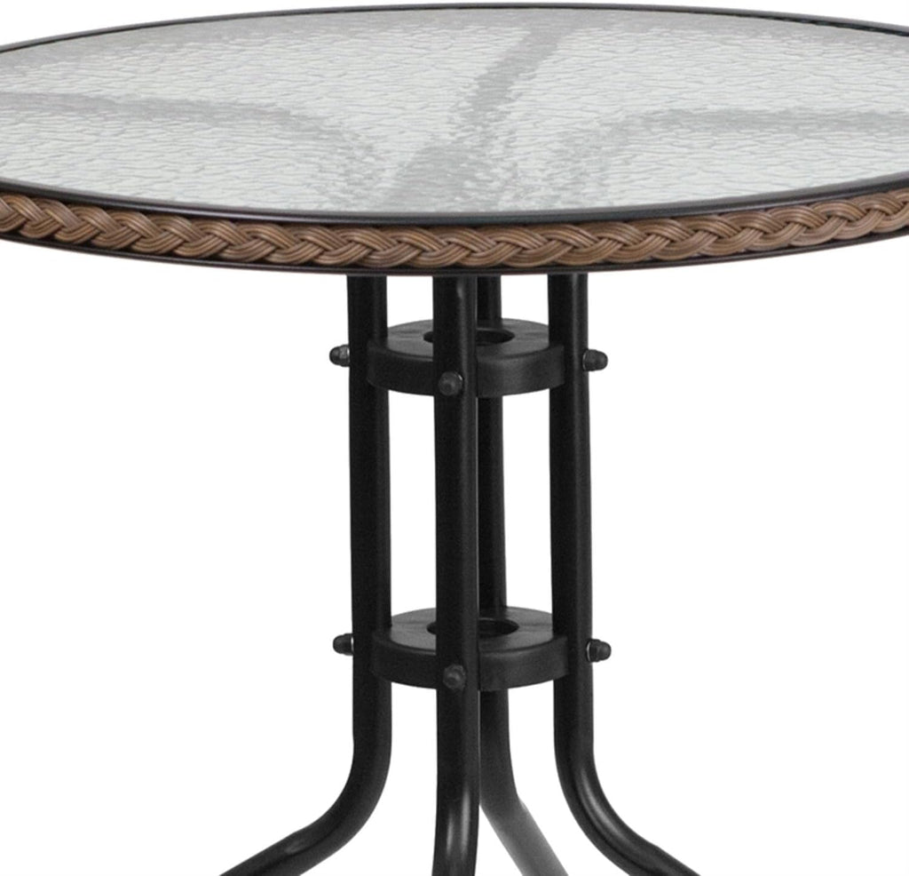 Flash Furniture Lila 28'' Round Glass Metal Table with Dark Brown Rattan Edging and 2 Dark Brown Rattan Stack Chairs