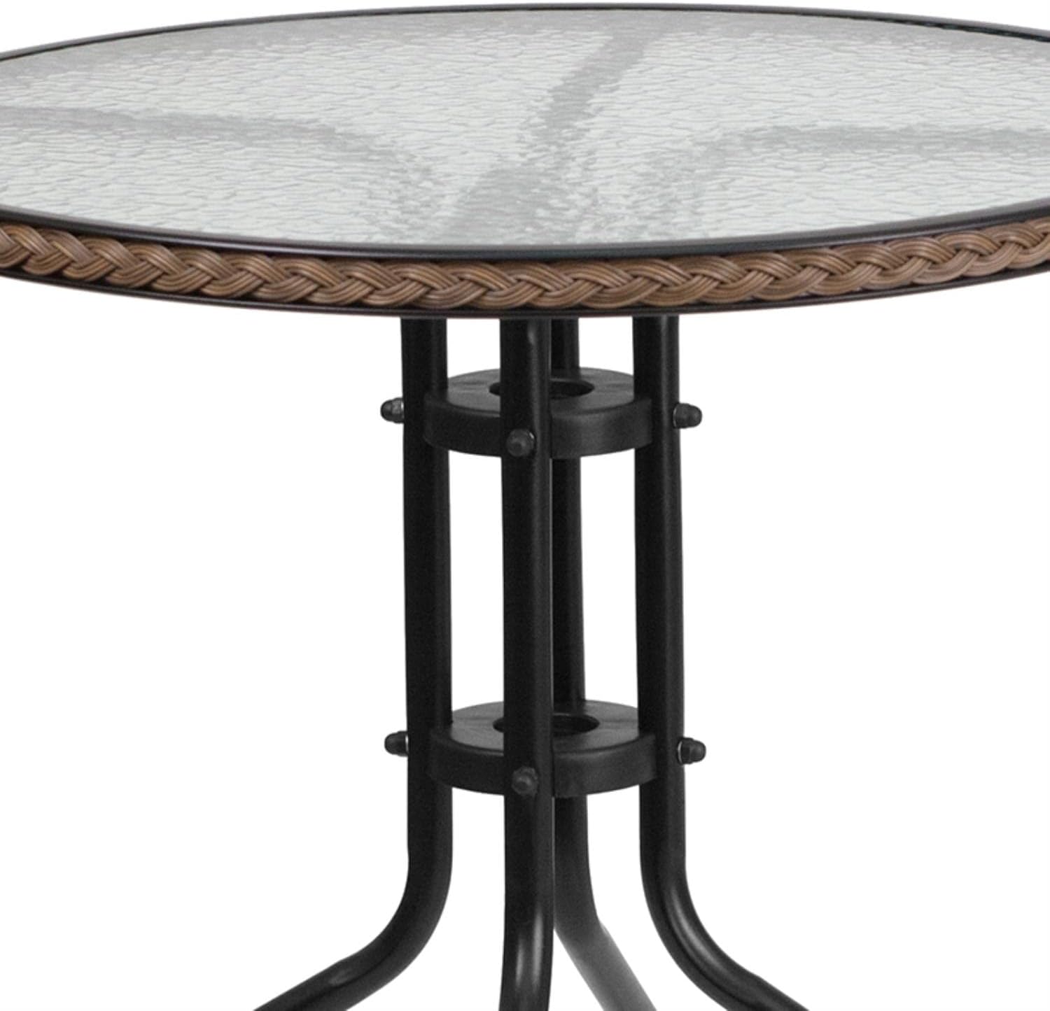 Flash Furniture Lila 28'' Round Glass Metal Table with Dark Brown Rattan Edging and 2 Dark Brown Rattan Stack Chairs