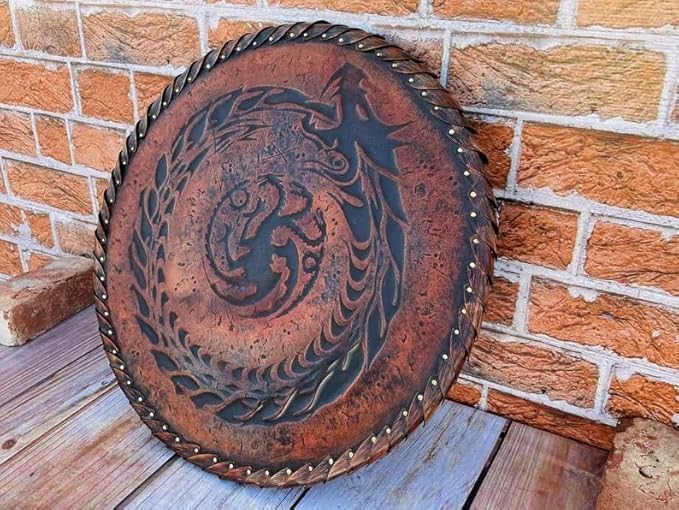 Medieval Dragon Shield, 22 Inch Decorative Leather Covered Wood Wall Shield, Round, Fantasy Home Decor Shield