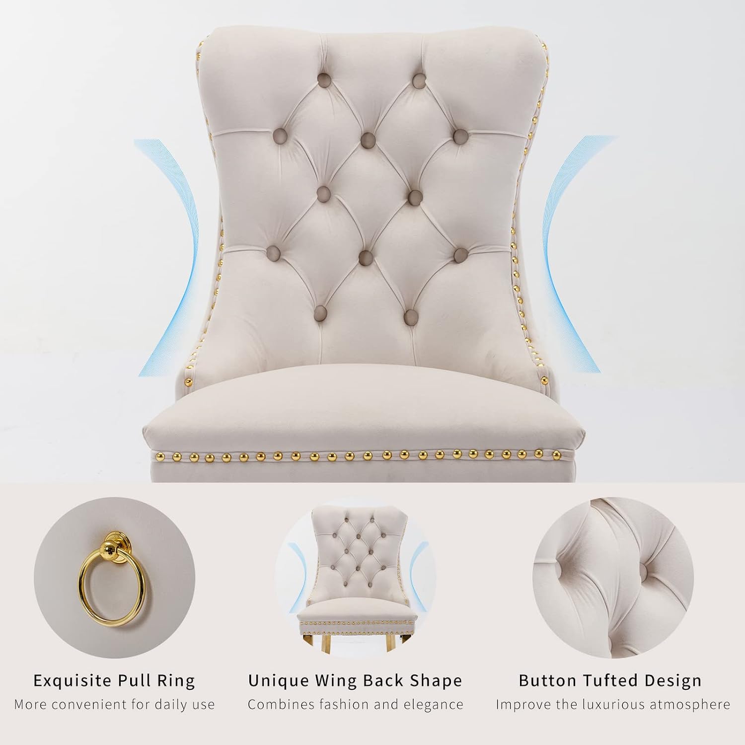 ODUSE-DAILY Velvet Dining Chairs Set of 4, Kitchen & Dining Room Chairs Set of 4, Tufted Dining Chairs, Velvet Upholstered, Golden Metal Legs (Beige)