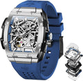 OLEVS Men Watches Business Dress Chronograph Big Square Quartz Analog Male Watch Silicone Strap Waterproof Date Gift Mens Wrsit Watch Silver