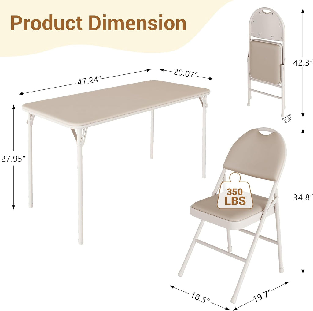 coucheta 5-Piece Rectangle Folding Table and Chairs Set, Foldable Portable Card Table and Chairs, Scratch & Stain Resistant Tabletop, for Dining Room, Living Room, Office, Camping, Gatherings, Beige