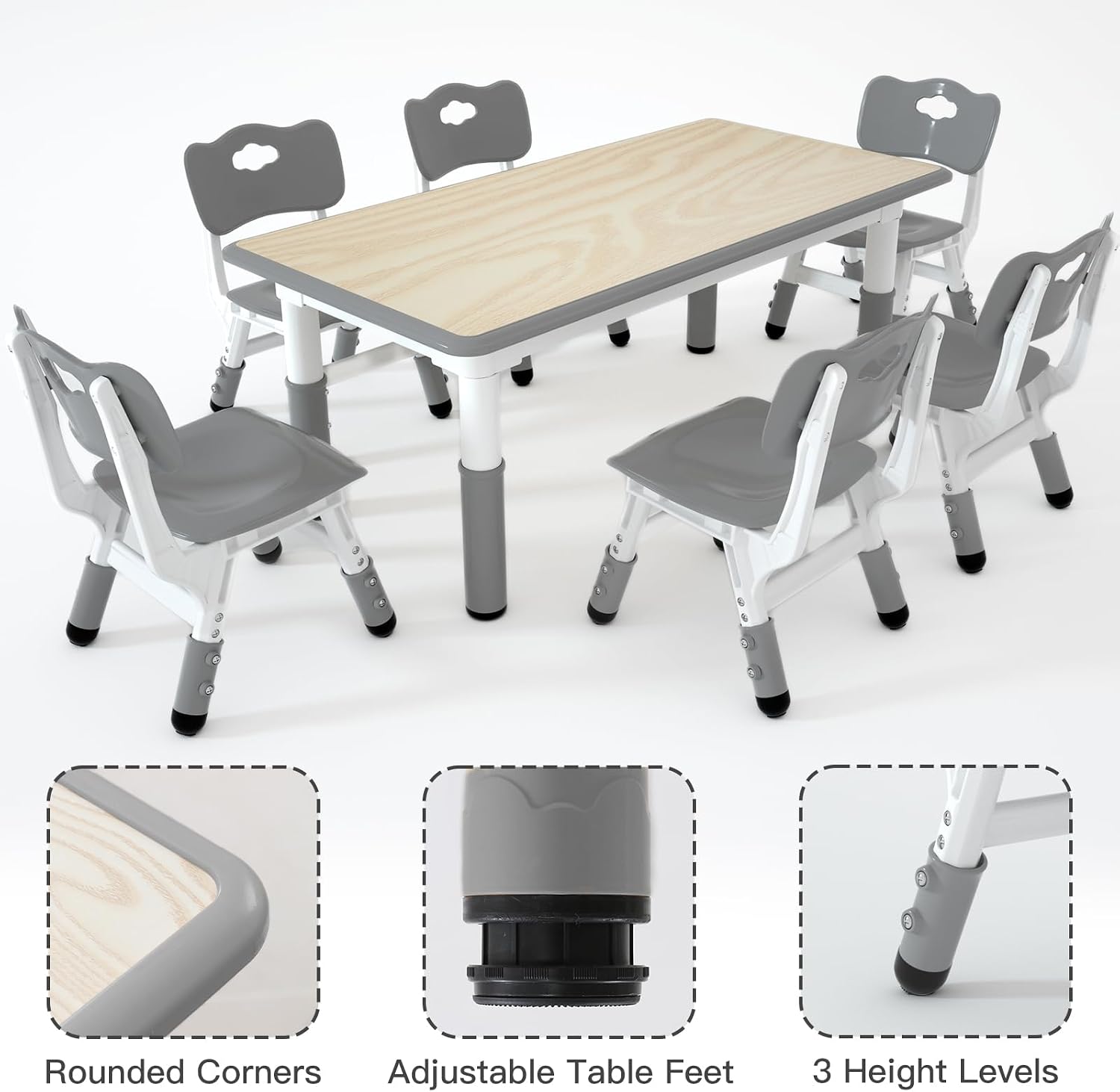 LulliSpace Kids Study Table and 6 Chairs Set,Height Adjustable Table and Chairs for Children and Toddlers,47.2'X23.6'Graffiti Desktop,Suitable for Daycare,Classrooms, Home