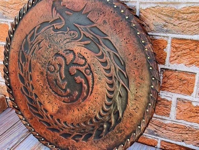 Medieval Dragon Shield, 22 Inch Decorative Leather Covered Wood Wall Shield, Round, Fantasy Home Decor Shield