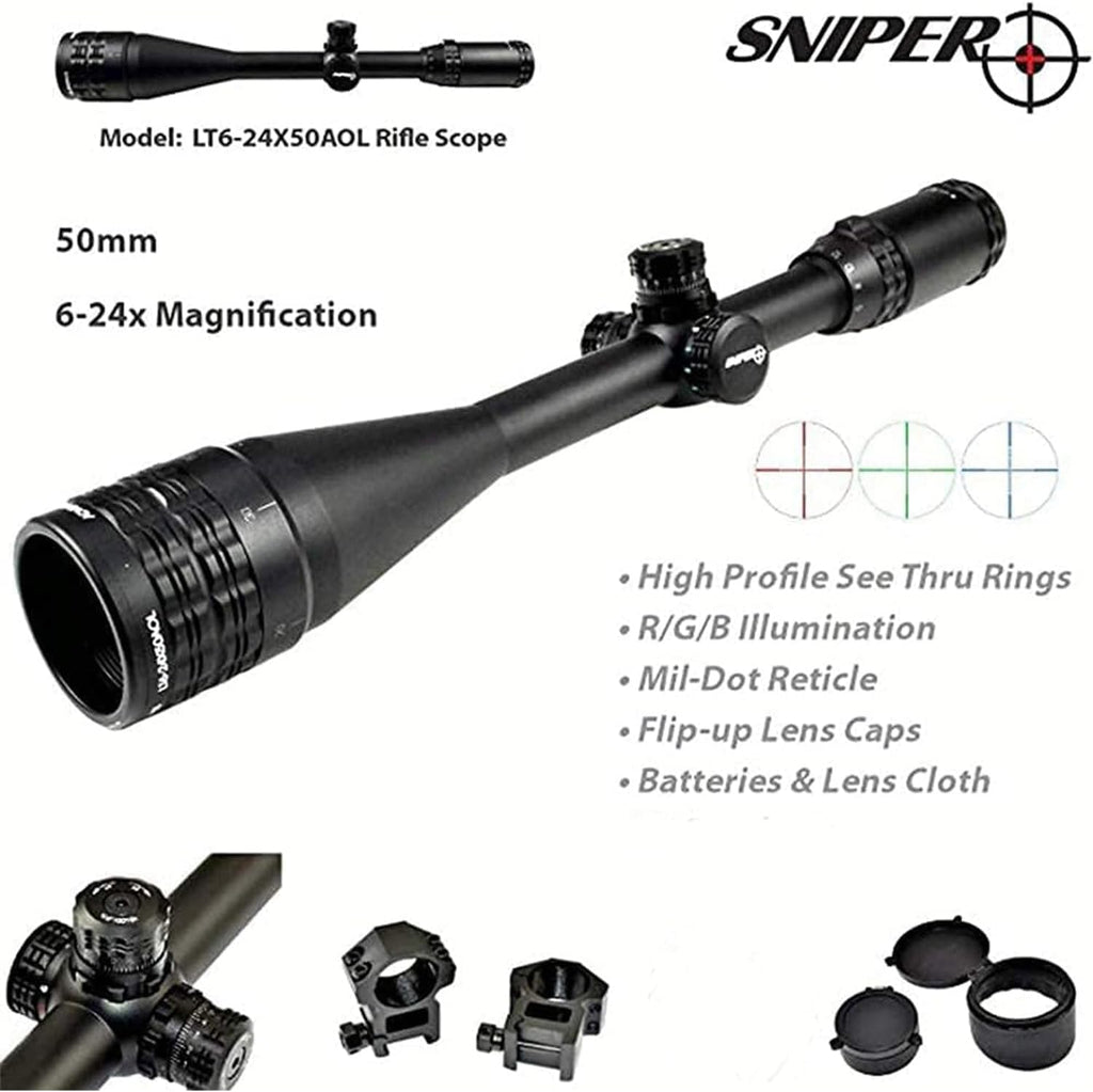 FSI Rifle Scopes 4-16x50 / 6-24x50 /4-12x50 w/Front AO Adjustment, Red/Blue/Green Illuminated Reticle with Picatinny Scope Rings