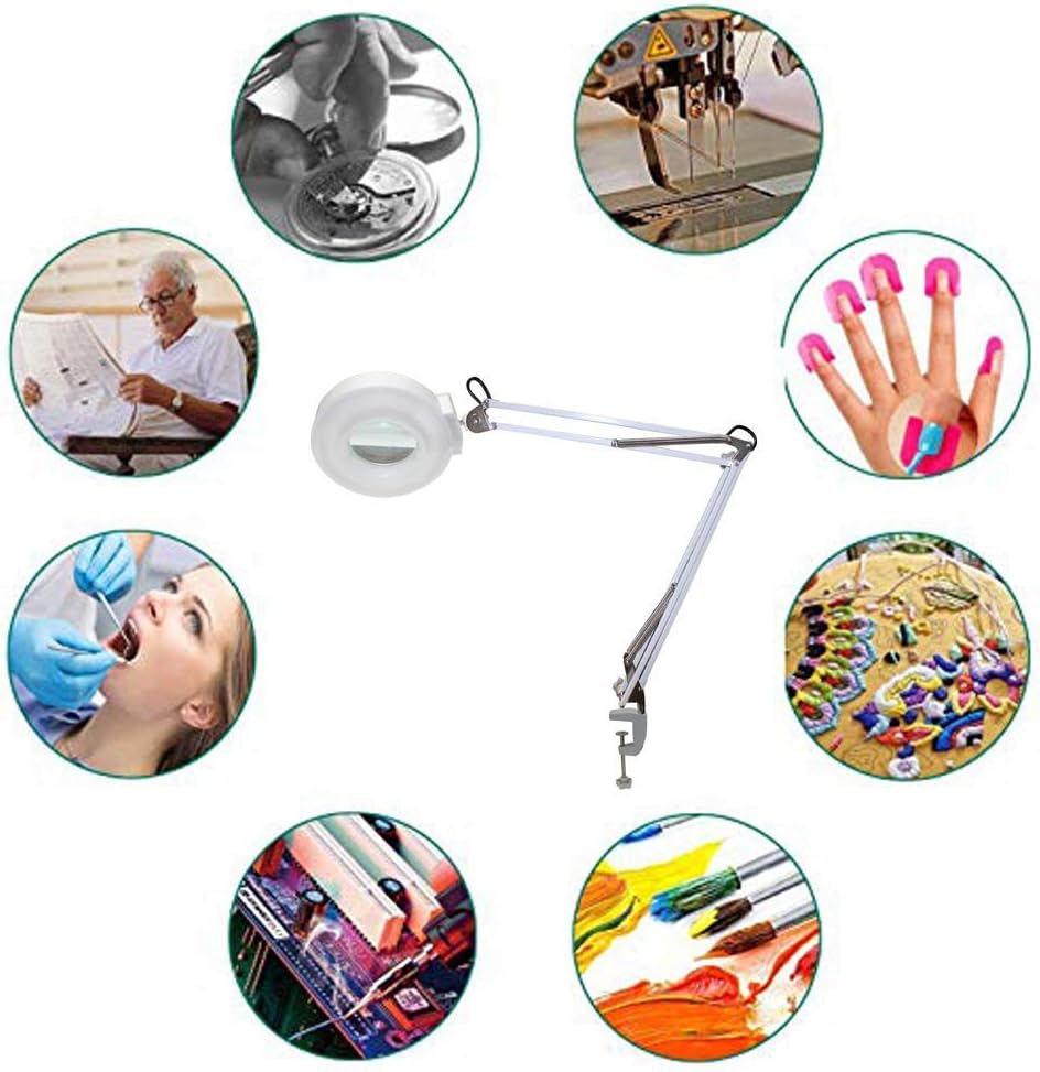 Magnifying Glass, Led Magnifier Lamp, Adjustable Swivel Arm 8X Magnifying Table Lamp Light for Beauty Skincare Manicure Nail Tattoo Salon with Glass Lens and Bench Clamp