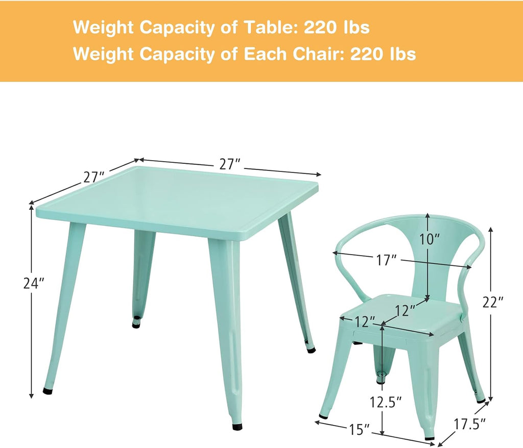 Costzon Kids Table and 2 Chair Set for Indoor/Outdoor Use, Steel Table and Stackable Chairs, Preschool, Bedroom, Playroom, Home, Furniture for Toddlers Boys & Girls(Mint Green, Table & Chairs)