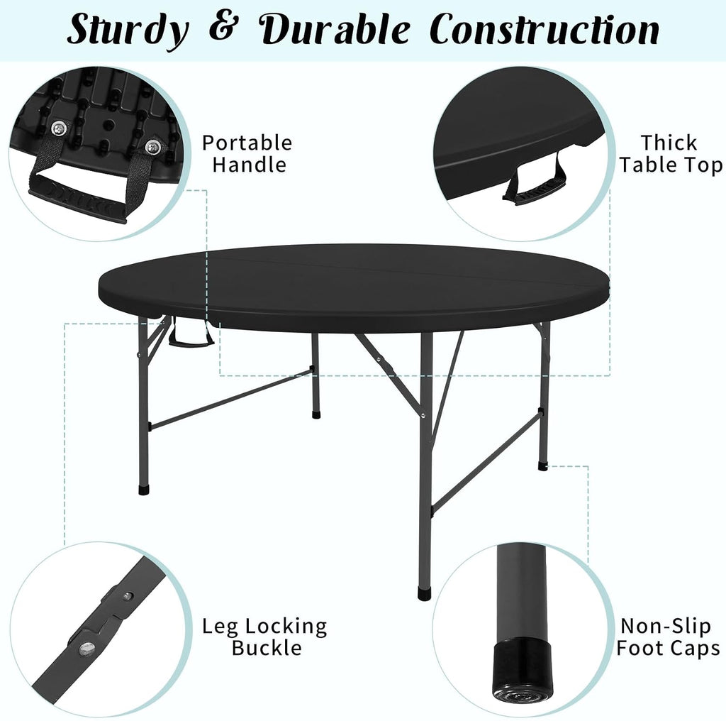 Fivenl 5 FT Round Folding Tables Black Foldable Table, Fold-in-Half with Carrying Handle Portable Plastic Table for Party, Dining, Wedding, Camping, Picnic, Indoor Outdoor Events (Black)
