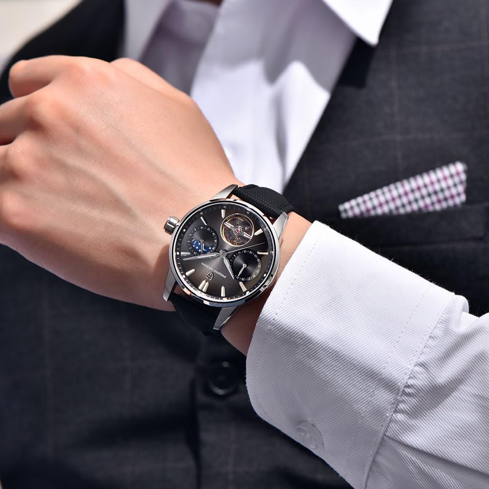 Pagani Design Luxury Men's Automatic Watch Skeleton Tourbillon Moon Phase Stainless Steel 100m Waterproof Leather Strap Men's Mechanical Watch