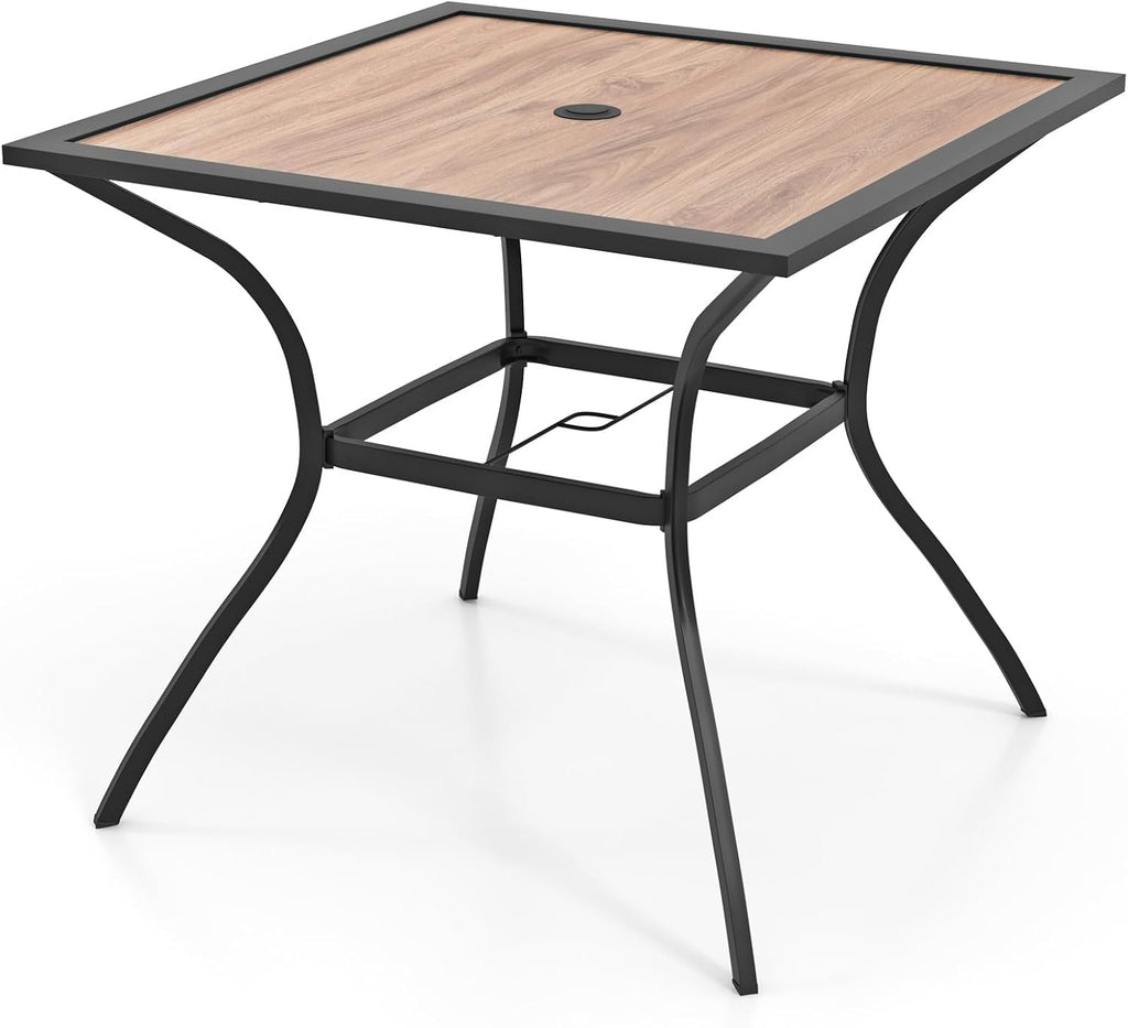 Tangkula Metal Square Patio Dining Table for 4, Heavy Duty Bistro Table with Adjustable Umbrella Hole & Wooden-Like Waterproof Tabletop, Outdoor Dinner Table for for Backyard, Deck, Lawn, Poolside