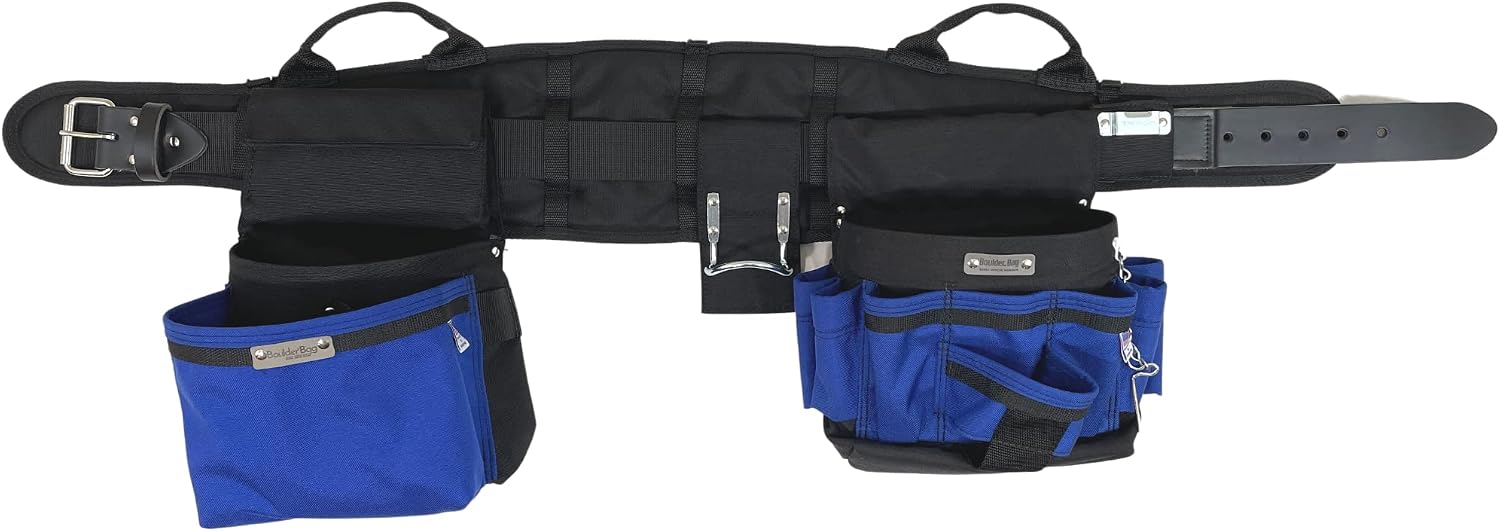 BOULDER BAG Ultimate Electrician's MAX Combo with Comfort Back Support Tool Belt, Leather Belt Buckle, Heavy Duty Work Belt, Blue, (Large 33-436 Inch Waist), Tool Belt Made in USA
