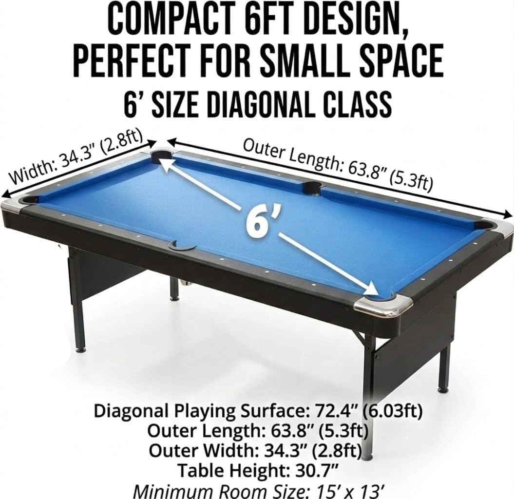 6 ft Foldable Pool Table with Steel Frame, Stable Billiard Tables with Safety Anti Collapse Locks, Heavy Duty Billiard Game Includes Full Set of Balls, 2 Cue Sticks, Chalk and Felt Brush
