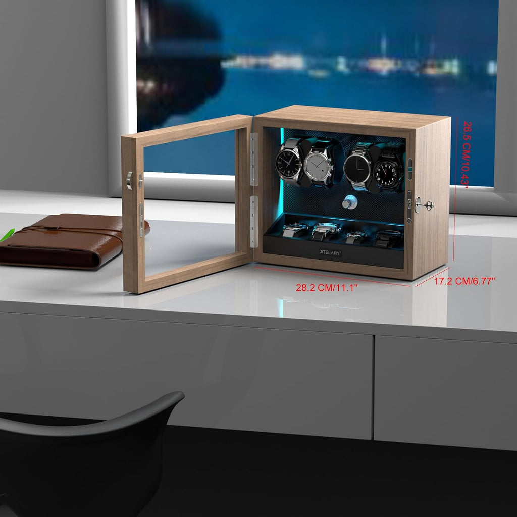 XTELARY Lockable Automatic Watch Winder - 4/6/8/12 Watch Storage, 4 Rotation Modes, Quiet Motor, Backlight