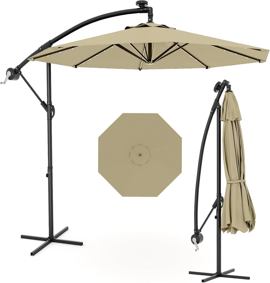 Garvee 10FT Solar Lights Cantilever Umbrella Outdoor Patio, Offset Patio Umbrella with Easy Lift & Tilt Adjustment, UV Protection Fade Resistant for Deck, Pool, Garden, Beige