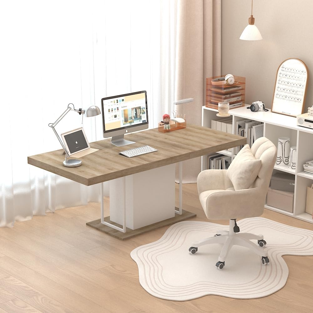 78.74'' Extendable Rectangular Dining Table for 4-8, Modern Mid-Century Wood Expandable Kitchen Dinner Conference Table for Living Room Office, Widen Pedestal Base, White & Oak