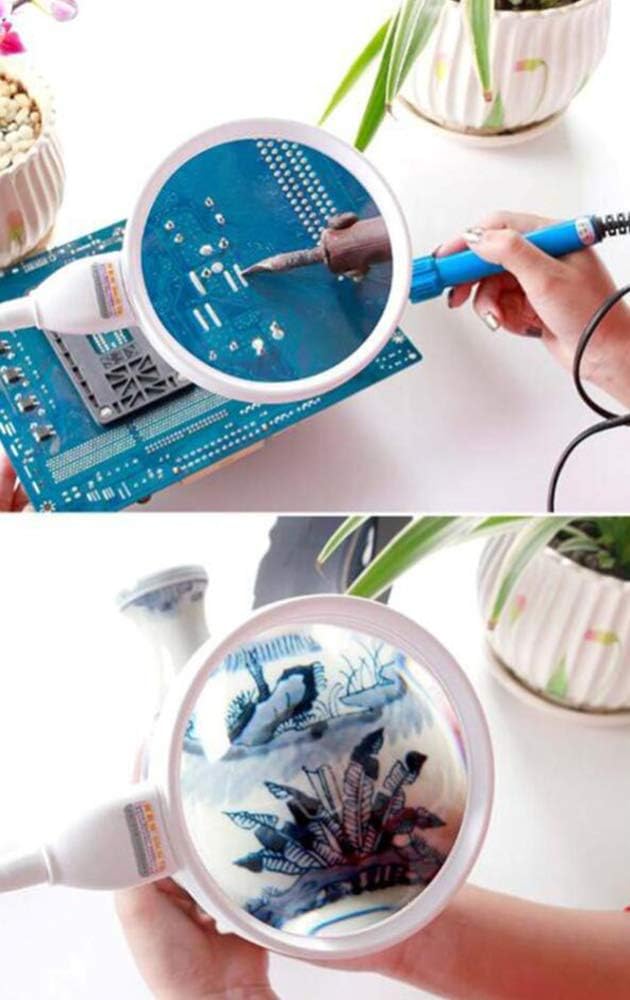 GeRRiT 6 Led Magnifying Glass Clamp Lamp,2X,5X Magnifier Lens,Metal Hose Adjustable Swivel Arm Utility Clamp Light for Desk, Table,Craft, Jewelry,Sewing,