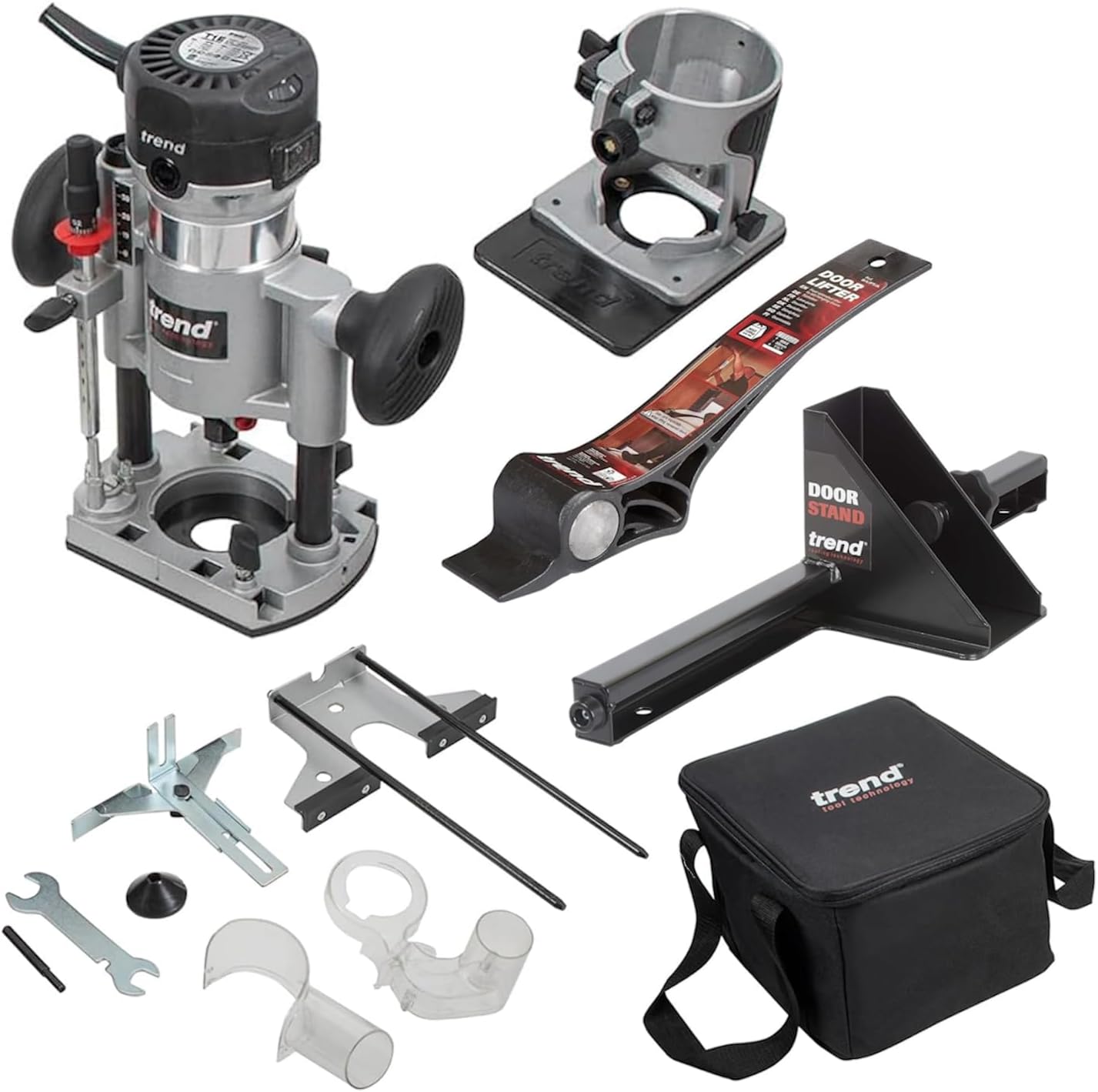 Trend Ultimate Door Installation Kit with 9ft AnyDoor Hinge Jig, T1 Plunge and Trim 1/4 Inch Router, Foot Operated Door Lifter, Door Stand and Router Bit Set, H/JIG/D/B2