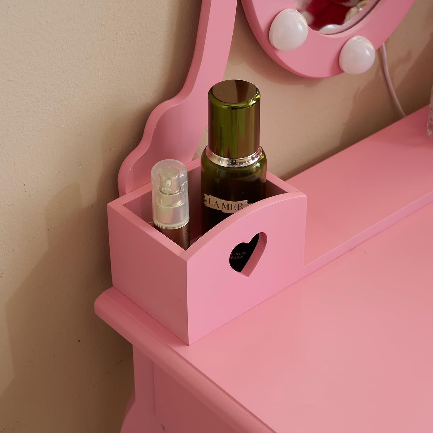 Karl home Kids Vanity Table and Chair Set, Princess MDF Dressing Table with 3-Color LED Lighted Mirror and 3 Drawers, Lovely Waved Design for Toddler's Bedroom and Playroom Decor, Macaroon Pink