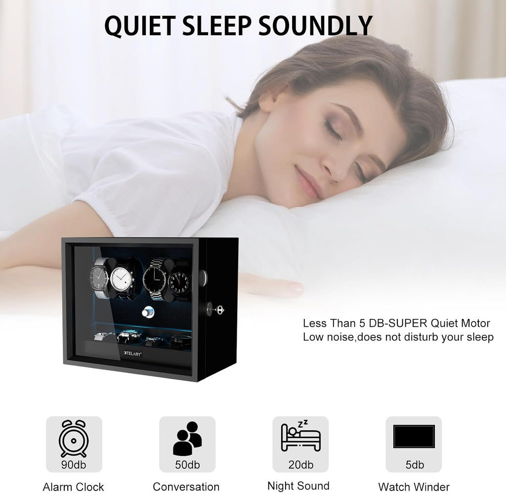 XTELARY Lockable Automatic Watch Winder - 4/6/8/12 Watch Storage, 4 Rotation Modes, Quiet Motor, Backlight