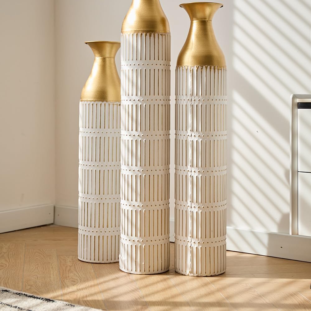 Floor Metal Decorated Vases Set of 3 for Gorgeous Home Decoration Large Glazed Metal Vases (Retro White)