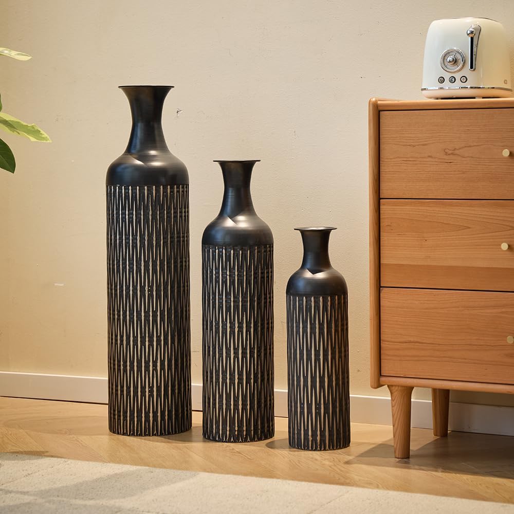 Floor Metal Decorated Vases Set of 3 for Gorgeous Home Decoration Large Glazed Metal Vases (Black+Metal)