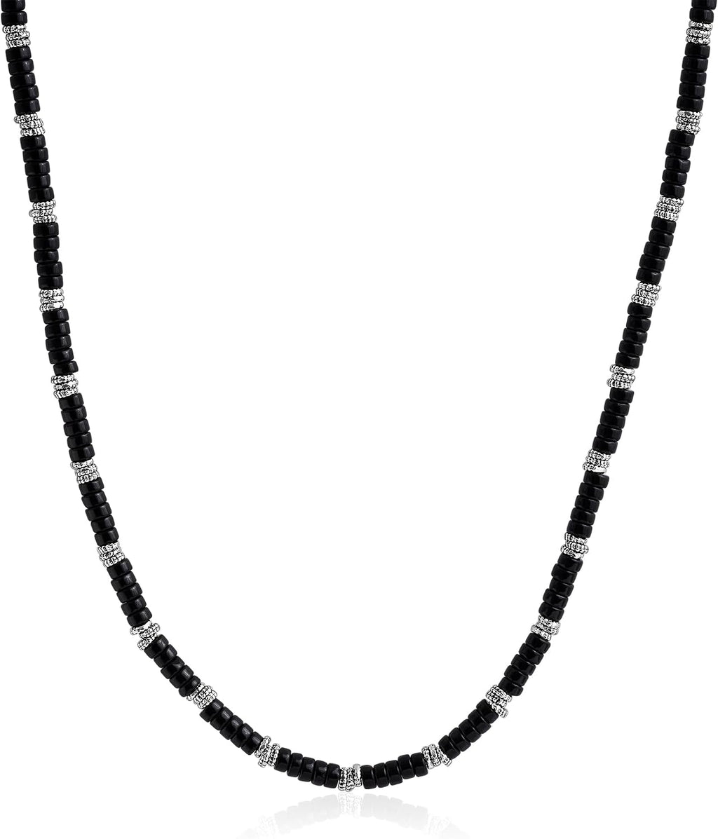 JEAN RACHEL JEWELRY Men's 3-Piece Necklace Layering Set - Hammered Link Chain, Sleek Box Chain & Black Onyx Beads - Midnight Bundle