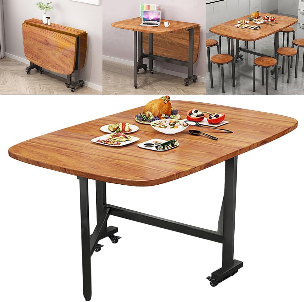 Multifunction Table Drop Leaf Dining Table - 47' Wooden Foldable Kitchen Table with 6 Wheels (Brown)