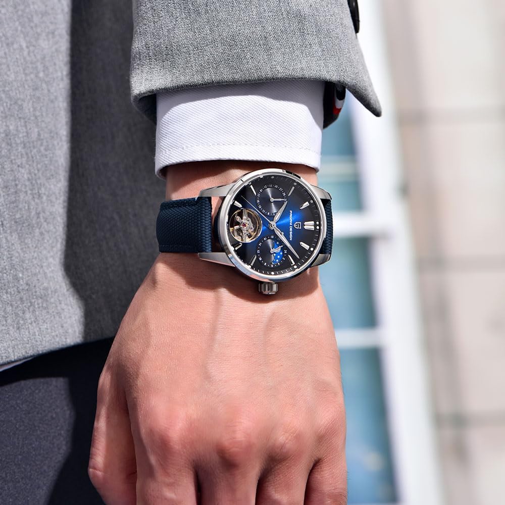 Pagani Design Luxury Men's Automatic Watch Skeleton Tourbillon Moon Phase Stainless Steel 100m Waterproof Leather Strap Men's Mechanical Watch